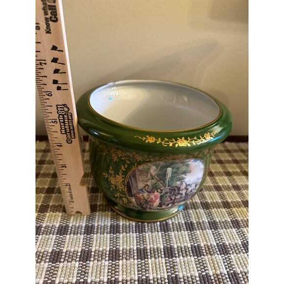 French Style Decor Andrea by Sadek Green Porcelain Planter w/ Gold Floral Trim - Picture 9 of 11